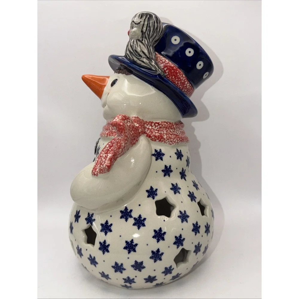 Polish Pottery Snowman Tea Light UNIKAT Winter Snowflake 11.5